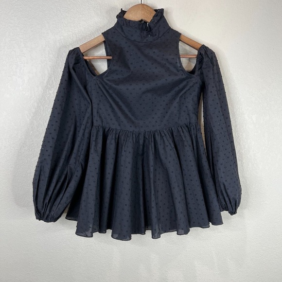 Caroline Constas Peplum‎ Blouse Top Sz XS Navy Cold Shoulder Swiss Dot Mock Neck - Picture 1 of 11